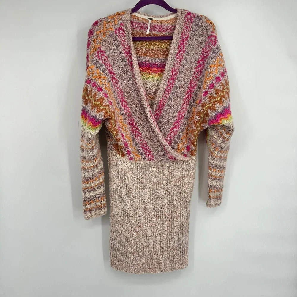 Free People Forever Fair Isle Sweater Dress Strawberry Combo Pink Orange M